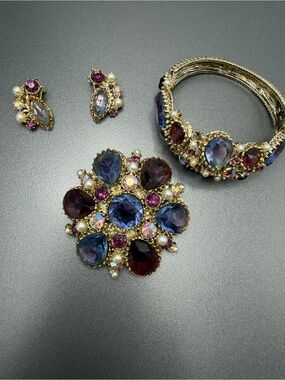 Vintage ArtGlass and Pearls Brooch Bracelet and Earrings #103set